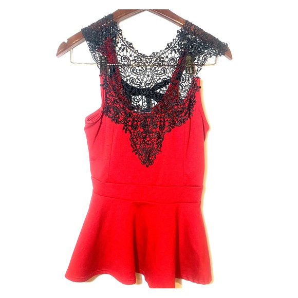 julie's closet Tops - Red & Black Lace Peplum Tie Back Shirt Junior XL
